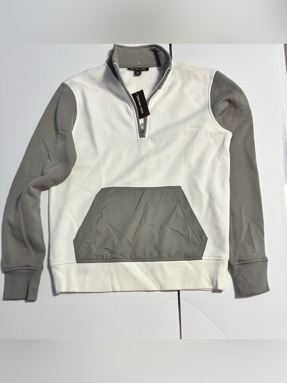 NWT Michael Kors Colorblock Quarter-Zip Pullover – White/Grey, Size S